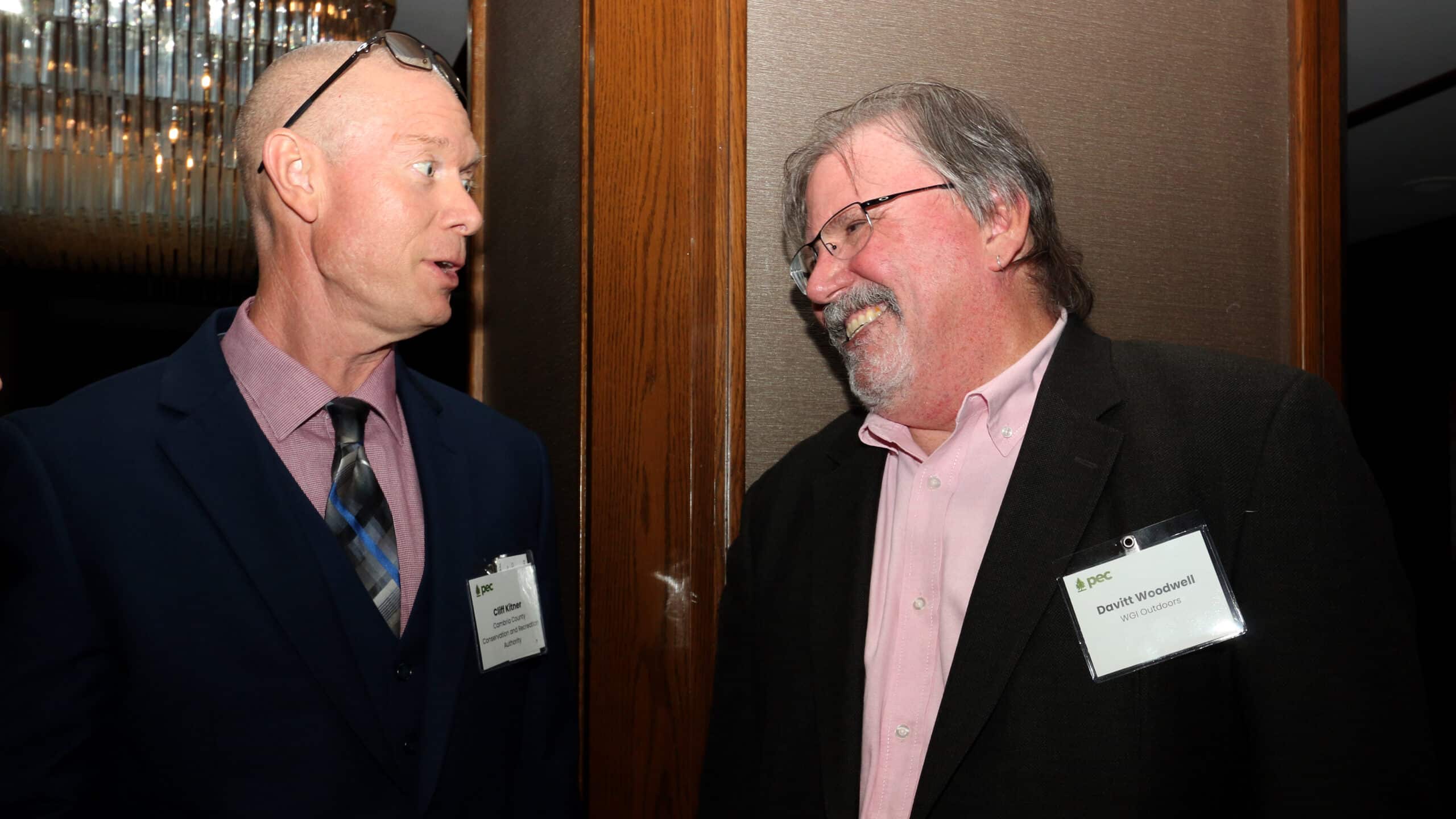 Former PEC President Davitt Woodwell chats with Cambria County Conservation and Recreation Authority Executive Director Cliff Kitner at the 2025 Western Pennsylvania Dinner.