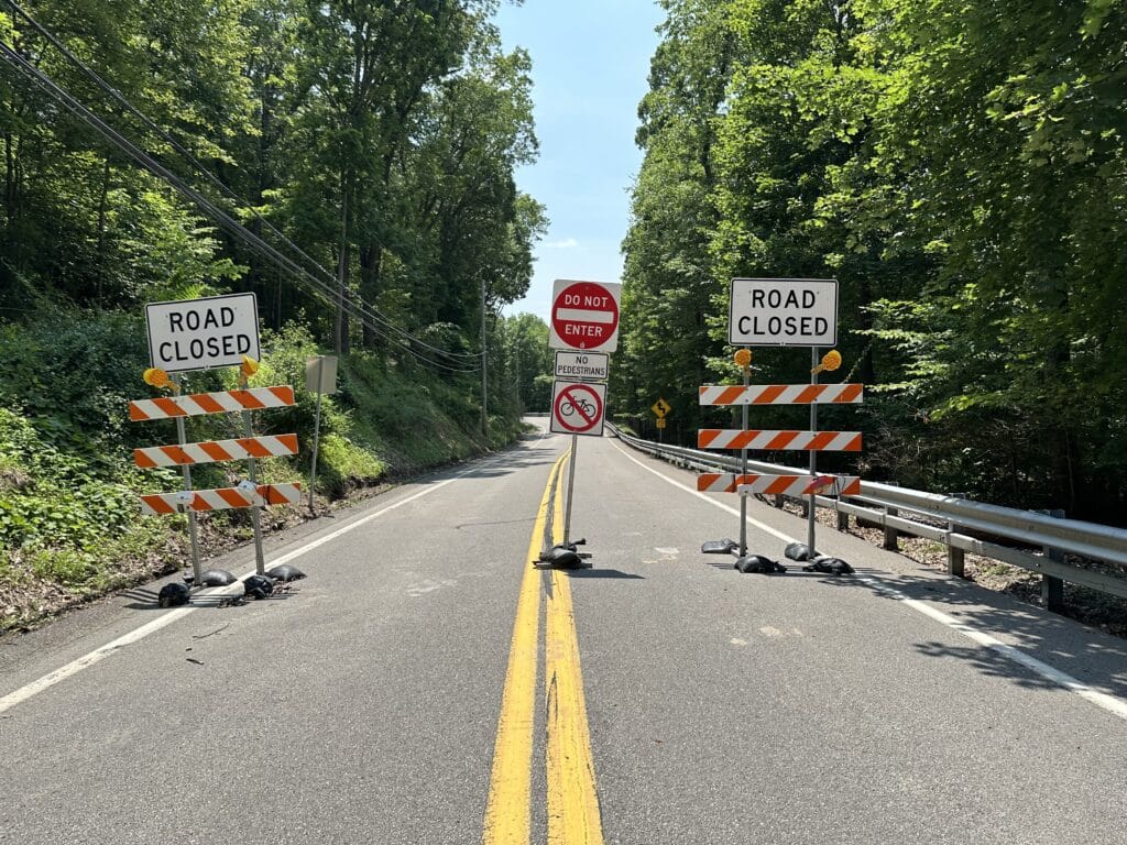 Road closure caused by landslide near Pittsburgh in July 2025