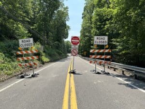 Road closure caused by landslide near Pittsburgh in July 2025